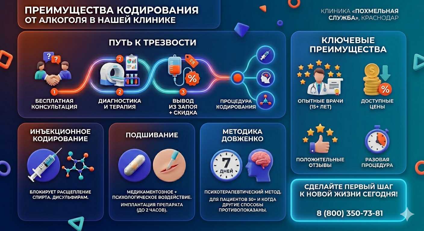 Инфографика о методах кодирования от алкоголя в поселке Лев Толстой: инъекции, подшивание, метод Довженко. Преимущества клиники и этапы лечения.