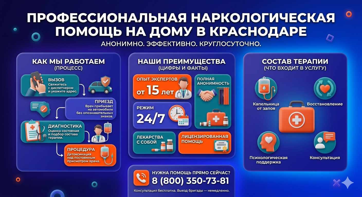 Инфографика о принципах лечения алкоголизма на дому в поселке Лев Толстой: этапы вызова нарколога, преимущества анонимной детоксикации и состав медицинской помощи.